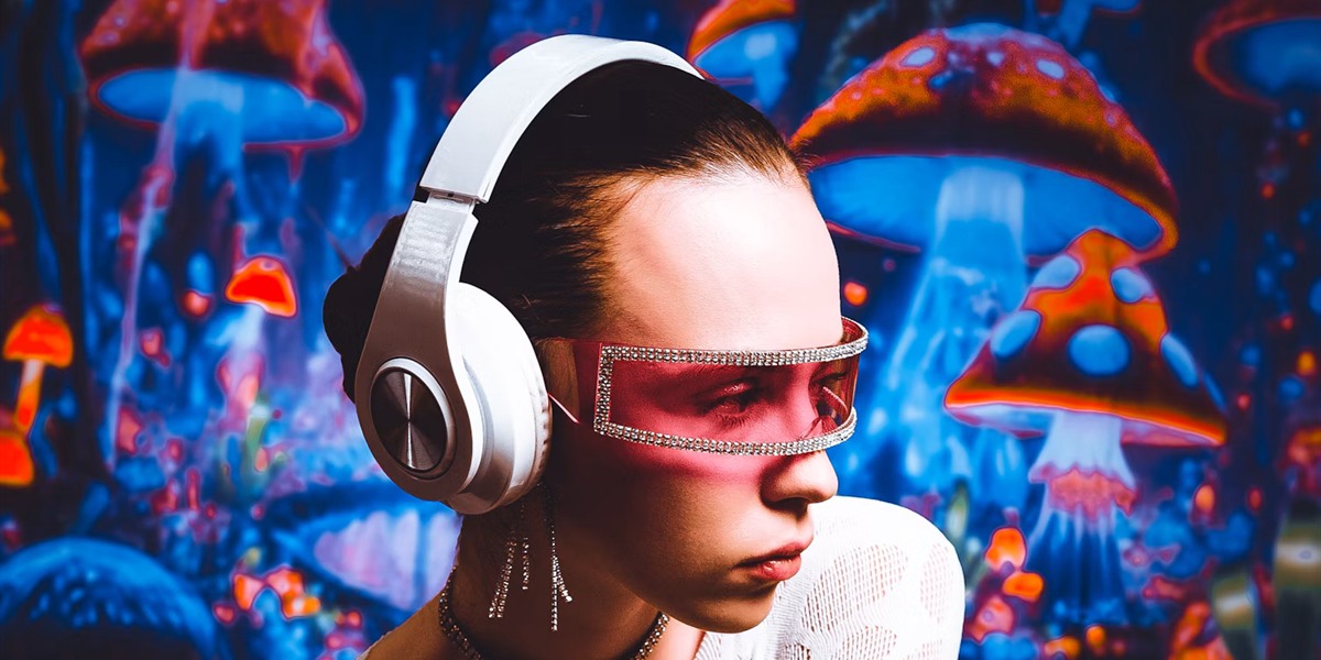 Listener wearing headphones against a colorful digital backdrop