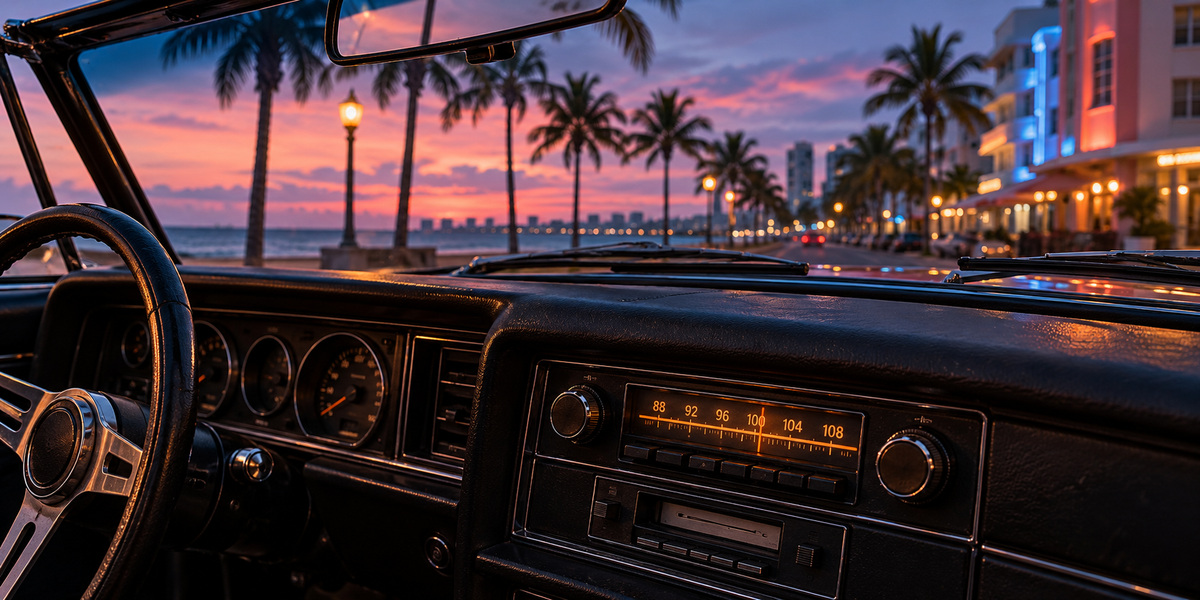 Classic car radio beside a palm-lined coastal street at sunset