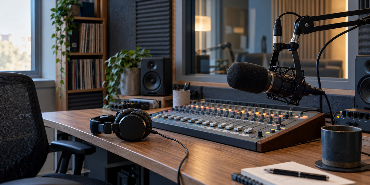Broadcast microphone, headphones and mixing desk in a radio studio