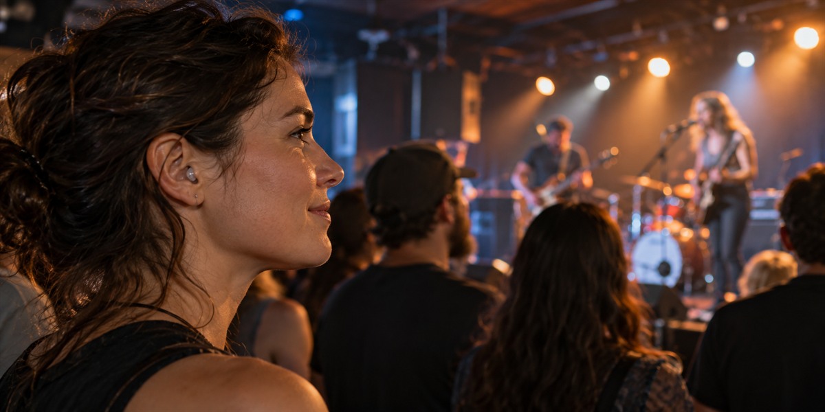 Music fan wearing a small earplug while watching a band in an indoor concert venue