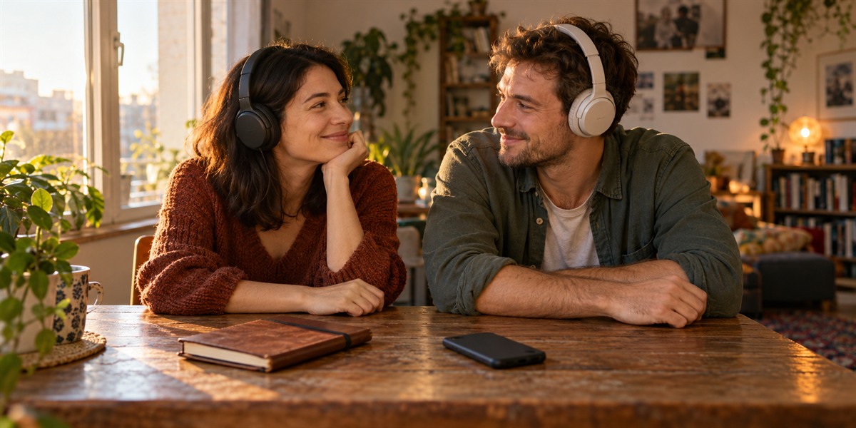An adult couple listening to music together with separate headphones