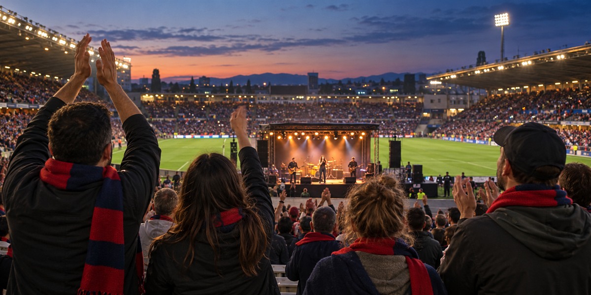 Supporters singing together beside a fictional stadium music performance