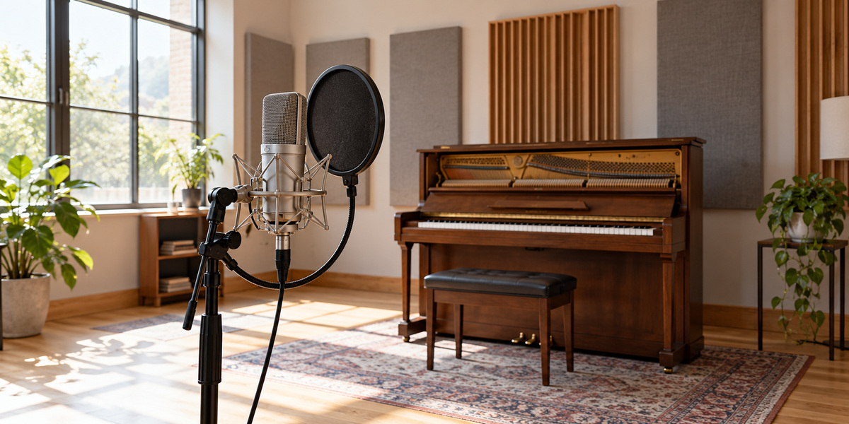 An empty recording room with a microphone and piano